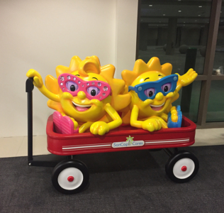 5' Sparkle and Sunny Mascot Characters in Wagon Photo Opp